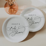 DARCY Modern Minimalist Black White Baby Shower Paper Plate<br><div class="desc">These modern minimalist black and white baby shower paper plates from the Darcy Collection are perfect for a simple baby shower. The modern minimalist design features timeless black and white romantic calligraphy with bohemian fairytale style. Personalise your baby shower plates with the name of the mum-to-be and the shower date....</div>