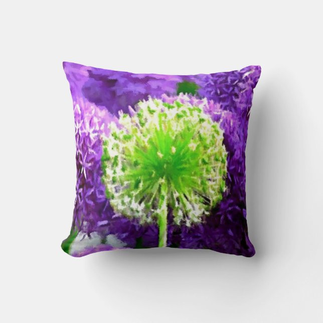 Dare to Be Different Lime Green Purple Flowers Cushion (Front)