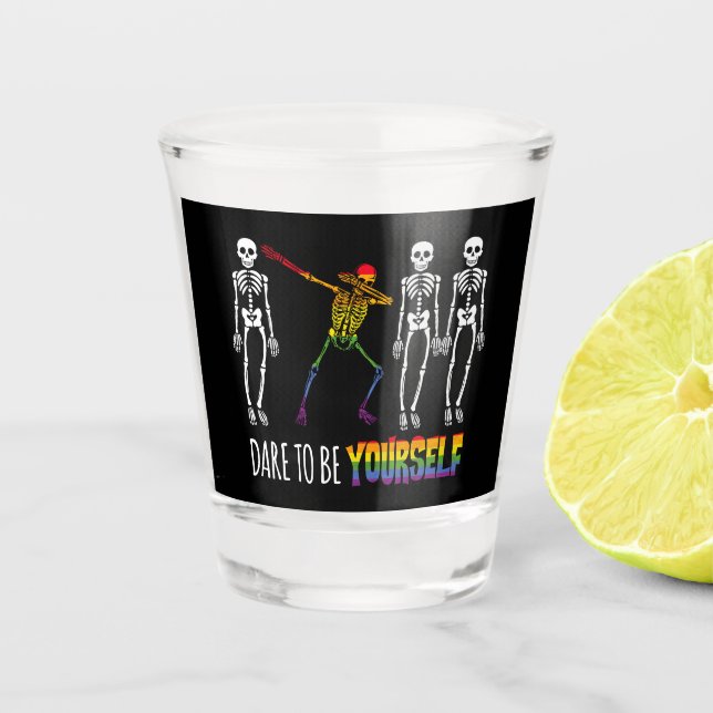 Dare To Be Yourself Halloween Dabbing Skeleton Pop Shot Glass (Front)