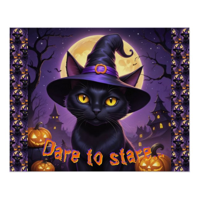 Dare To Stare Black Cat Witch Hat Orange Pumpkin  Poster (Front)