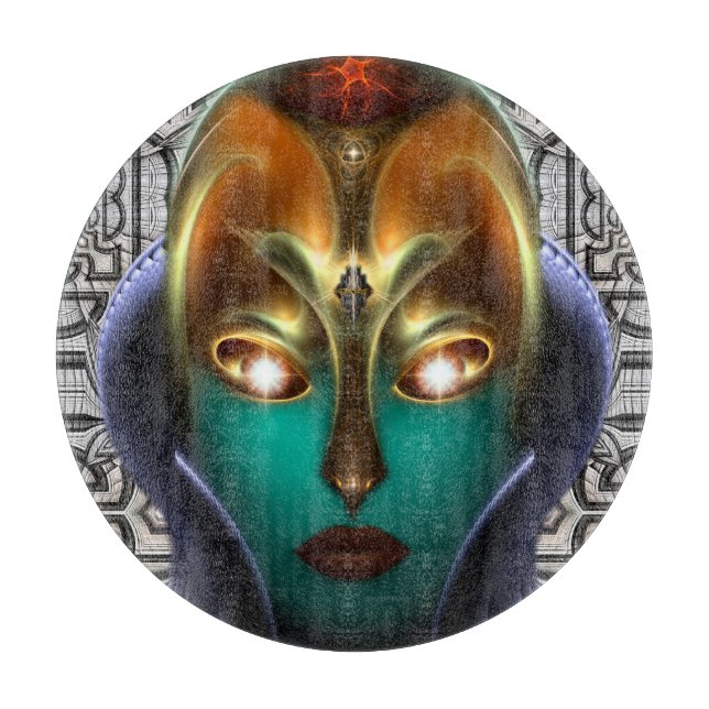 Daria Cyborg Queen Tech Round Glass Cutting Board (Front)