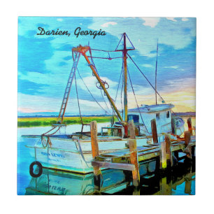 Darien Shrimp Boat Fleet with Darien, Georgia Text Ceramic Tile