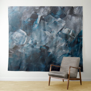 Dark Abstract Brushstrokes in Blue and Grey Tones Tapestry