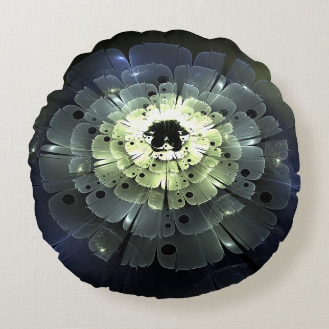 Dark Abstract Fractal Flower Round Cushion (Front)