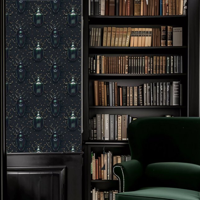 Dark Academia Beetles and Gold Specks Wallpaper (Dark Academia Beetles and Gold Specks Wallpaper in a library.)