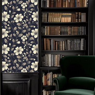 Dark Academia Beige Flowers on Blue Wallpaper