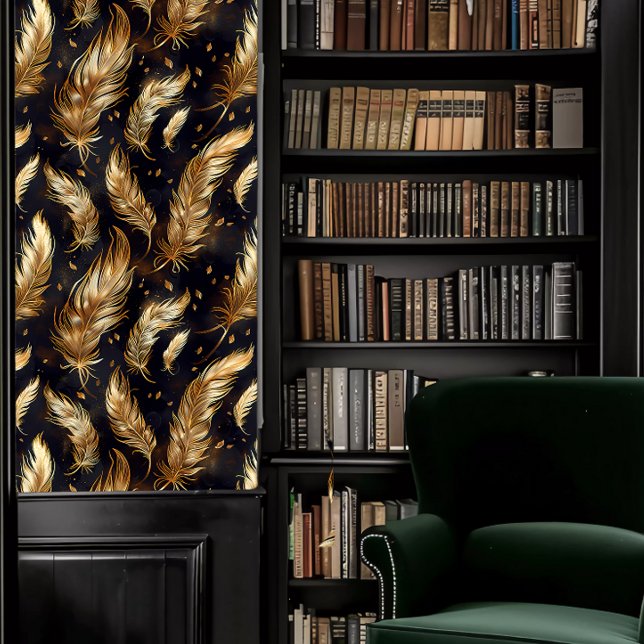 Dark Academia Black and Gold Feathers Wallpaper (Dark Academia Black and Gold Feathers Wallpaper in a library.)