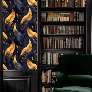Dark Academia Blue and Gold Feathers Wallpaper