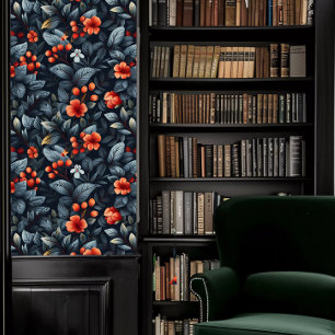 Dark Academia Blue Foliage & Red Flowers & Berries Wallpaper