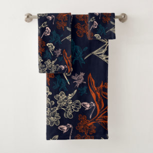 Dark Academia Botanical Floral Pattern Bath Towel Set