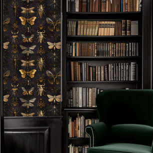 Dark Academia Brown and Gold Insect Stripes Wallpaper