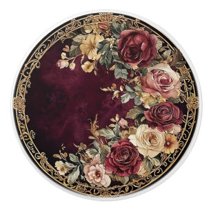 Dark Academia Burgundy Rose Ceramic Knob