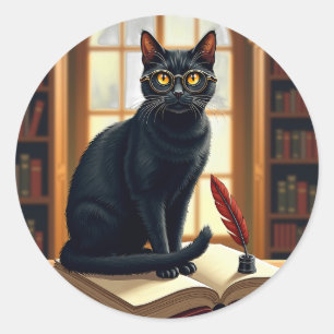Dark Academia Cat Bookworm Reader Glasses Leather Classic Round Sticker
