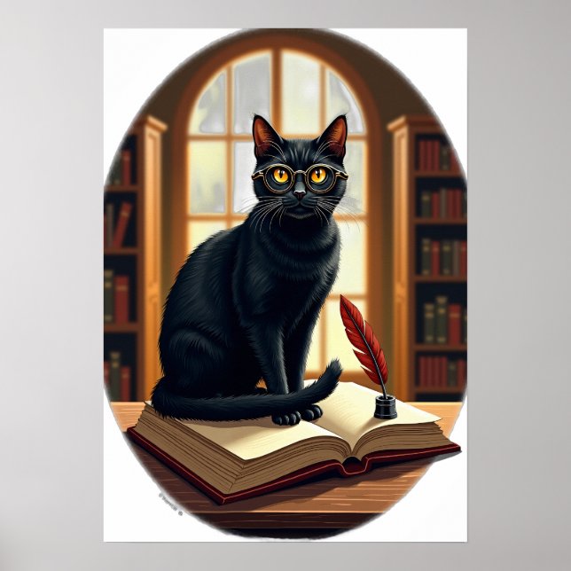 Dark Academia Cat Bookworm Reader Glasses Leather  Poster (Front)