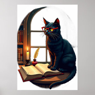 Dark Academia Cat Glasses Leather Book Quill Libra Poster