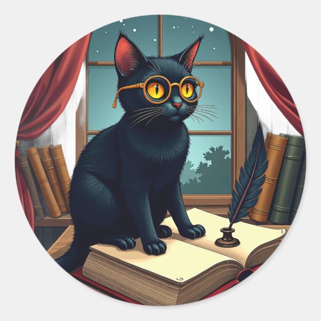 Dark Academia Cat Reader Bookworm Classic Round Sticker (Front)
