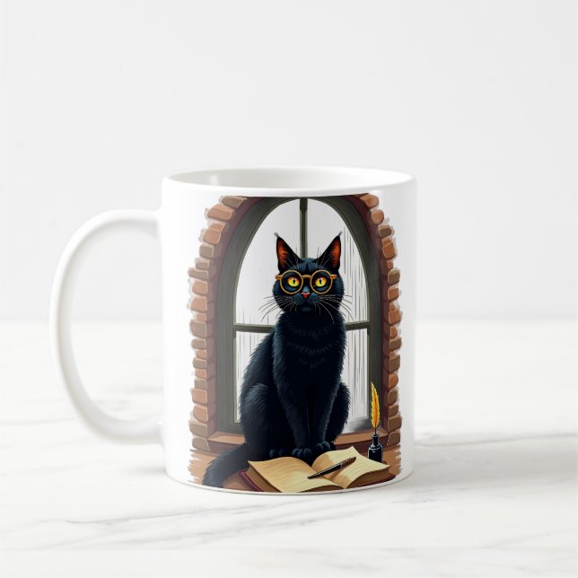 Dark Academia Cat Reader Bookworm Library Sticker Coffee Mug (Left)