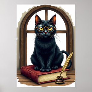 Dark Academia Cat Reader Glasses Quill Library Got Poster