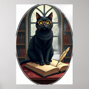 Dark Academia Cat Reading Black Cat with Glasses B Poster