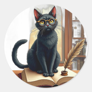 Dark Academia Cat Reading Book Dark Academia Cat L Classic Round Sticker
