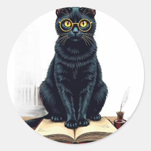 Dark Academia Cat Reading Glasses Leather Book Qui Classic Round Sticker