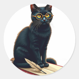 Dark Academia Cat Reading Glasses Library Owl Book Classic Round Sticker