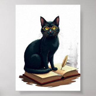 Dark Academia Cat Reading Glasses Vintage Library Poster