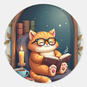 Dark Academia Cat Reading Nook Vintage Books Coffe Classic Round Sticker
