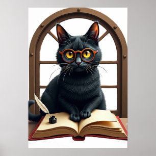 Dark Academia Cat with Quill Book Lover Design Poster