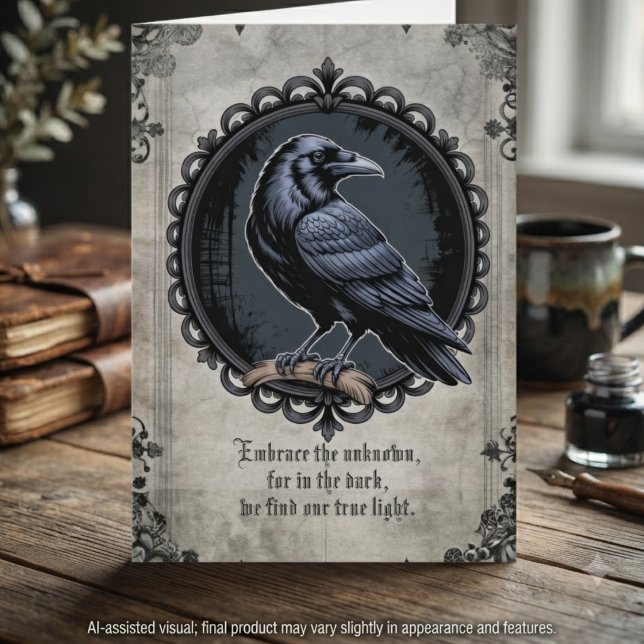 Dark Academia Charcoal Raven Medallion Note Card (Dark academia raven note card for the literary soul — unique birthday gift idea for her.)