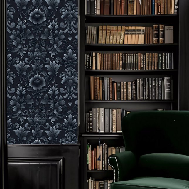 Dark Academia Dark Blue Decorative Fleur Wallpaper (Dark Academia Dark Blue Decorative Fleur Wallpaper in a library.)