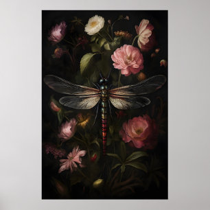 Dark Academia Dragonfly Print, Vintage Flower Poster