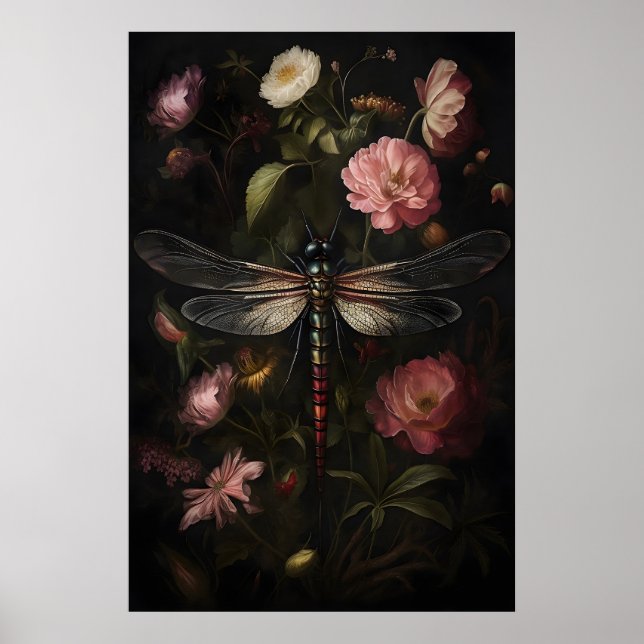 Dark Academia Dragonfly Print, Vintage Flower Poster (Front)