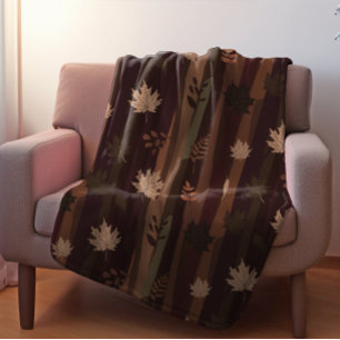 Dark Academia Earthy Fall Leaf Stripe Pattern Fleece Blanket