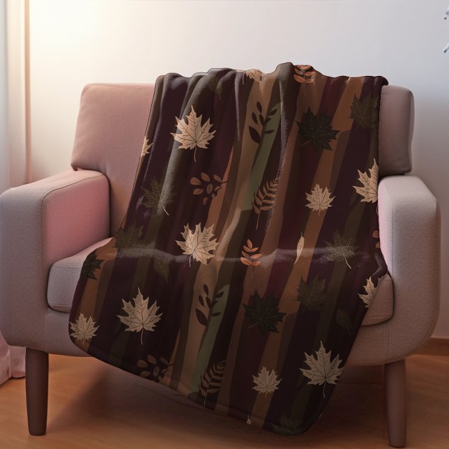 Dark Academia Earthy Fall Leaf Stripe Pattern Fleece Blanket (Dark Academia Earthy Fall Leaf Stripe Pattern Fleece Throw Blanket)