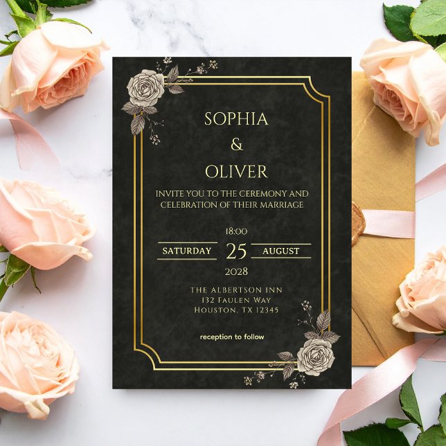 Dark Academia Gothic Black Gold Elegant Wedding Invitation (Creator Uploaded)