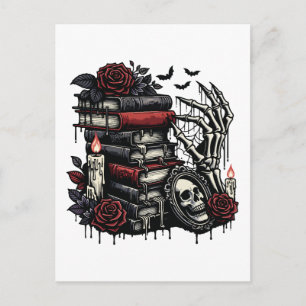 Dark Academia Gothic Books & Skeleton Postcard