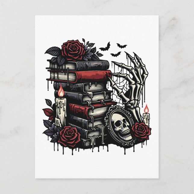Dark Academia Gothic Books & Skeleton Postcard (Front)