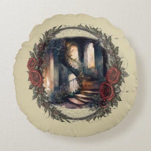 Dark Academia Gothic Haunted Stairway Wreath  Round Cushion