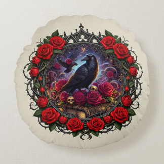 Dark Academia Gothic Raven Rose Wreath Round Cushion