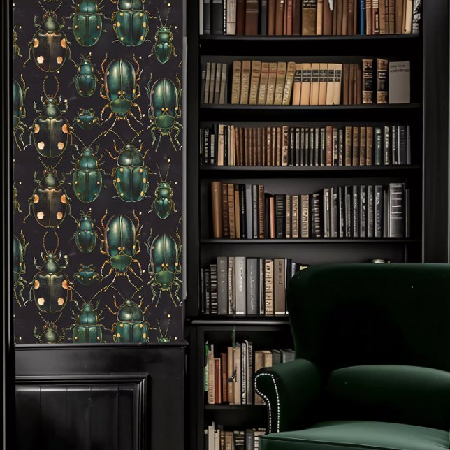 Dark Academia Large Green Beetles  Wallpaper (Dark Academia Large Green Beetles Wallpaper in a library.)