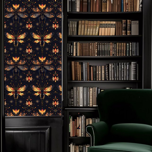 Dark Academia Large Red and Gold Insects Wallpaper (Dark Academia Large Red and Gold Insects Wallpaper in a library.)