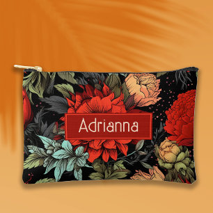 Dark Academia Maximalist Red Dahlia Floral  Accessory Pouch