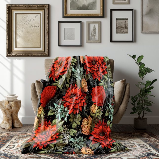 Dark Academia Maximalist Red Dahlia Floral Fleece Blanket (Creator Uploaded)