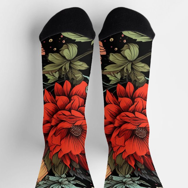 Dark Academia Maximalist Red Dahlia Floral  Socks (Top)