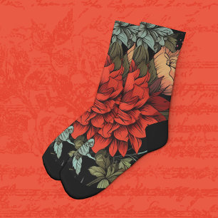 Dark Academia Maximalist Red Dahlia Floral  Socks