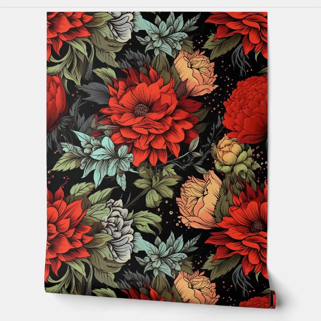 Dark Academia Maximalist Red Dahlia Floral Wallpaper (Unrolling)