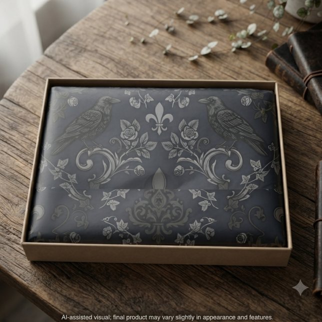 Dark Academia Midnight Victorian Raven Tissue Paper (Midnight raven tissue paper for dark academia celebrations and gothic parcel wrapping.)