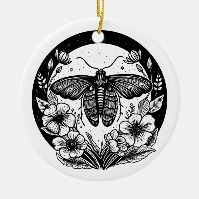 Dark academia moth and flowers ceramic ornament (Front)