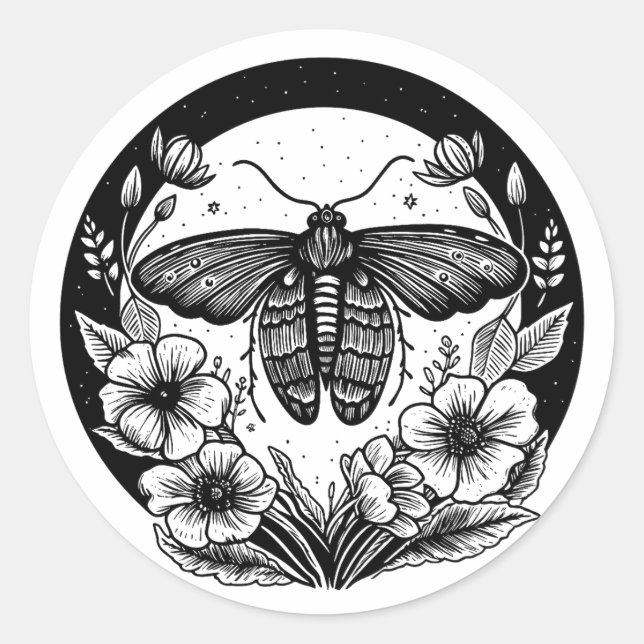 Dark academia moth and flowers classic round sticker (Front)
